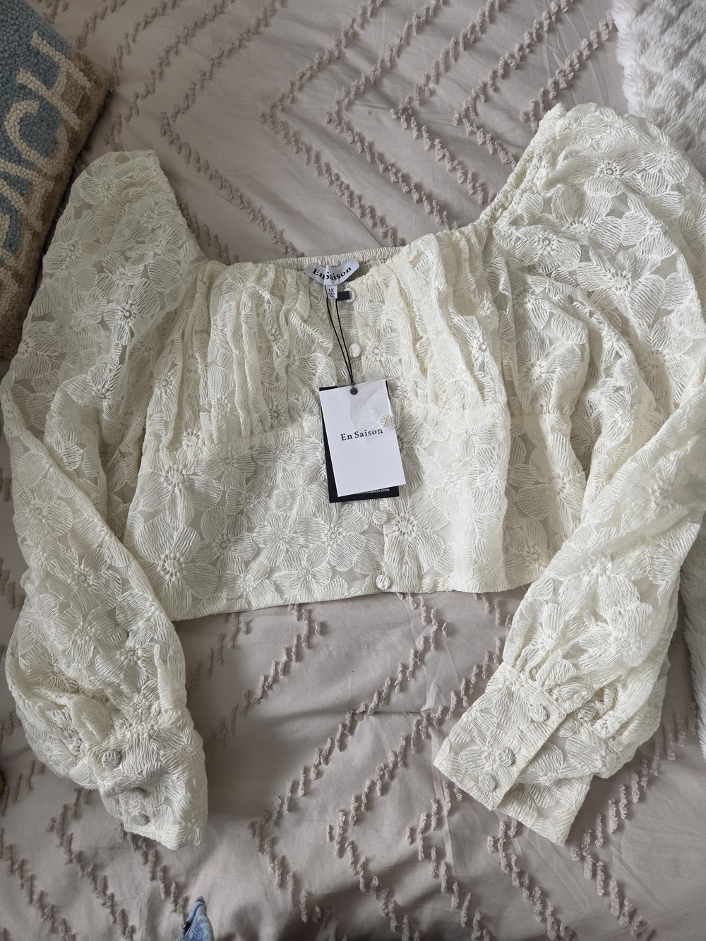 En Saison Ivory Floral Lace Square-Neck Puff Sleeve Top